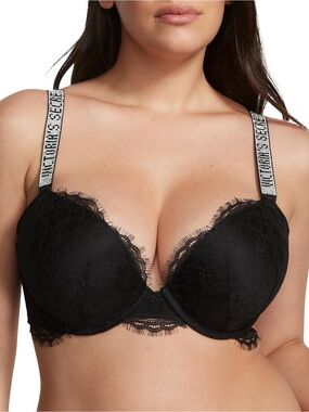 Victoria's Secret Black Lace “Very Sexy Push-Up” Bra with Rhinestone Logo Straps